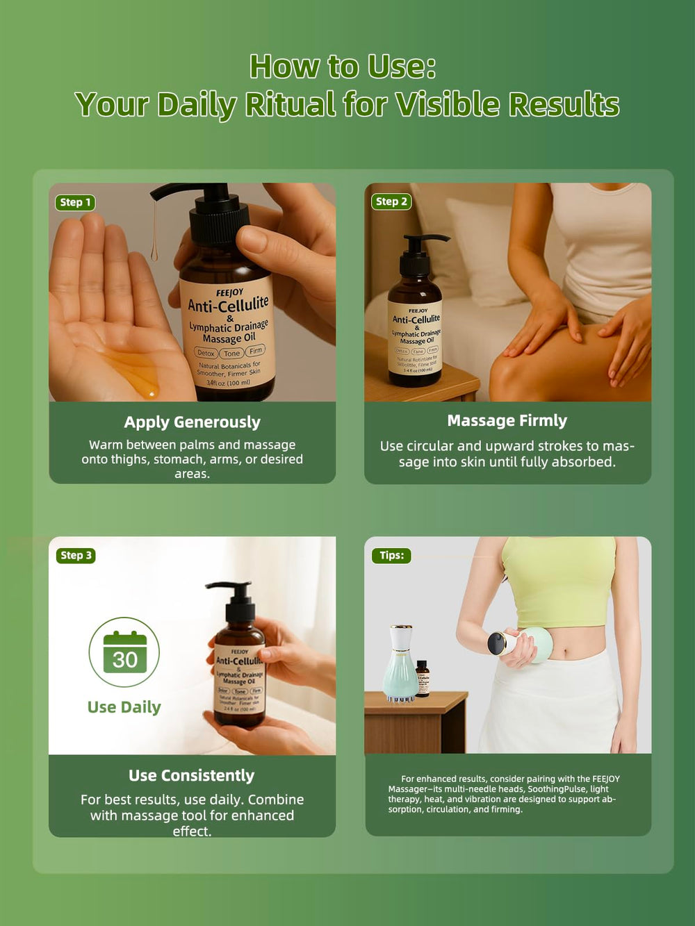 FEEJOY Body Oil with natural botanicals on bottle highlights ingredients.