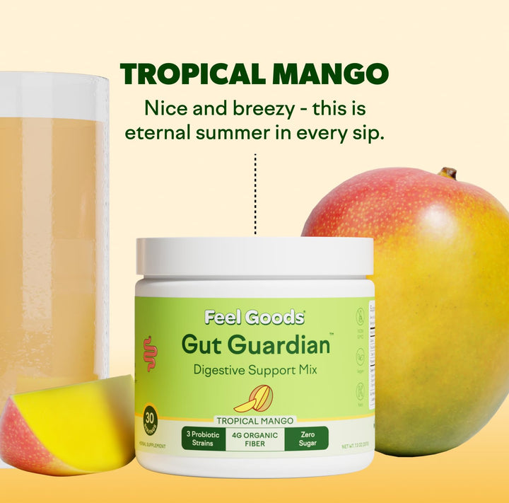 Feel Goods Gut Guardian mango powder shake ready-made for busy days.