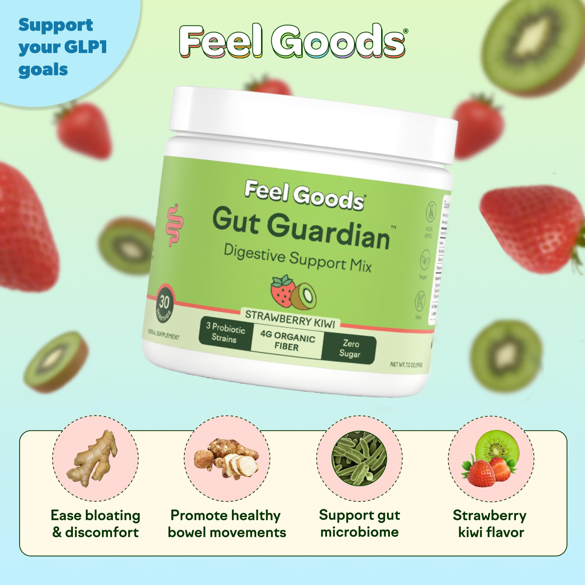 Feel Goods Gut Guardian 4B CFU probiotic blend label supports gut balance.