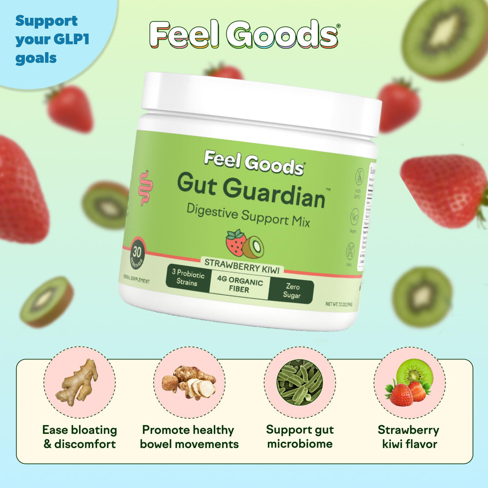 Feel Goods Gut Guardian 4B CFU probiotic blend label supports gut balance.