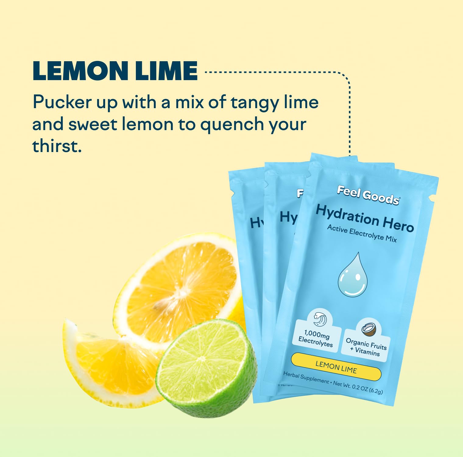 Feel Goods Hydration Hero packets on the go for convenience.