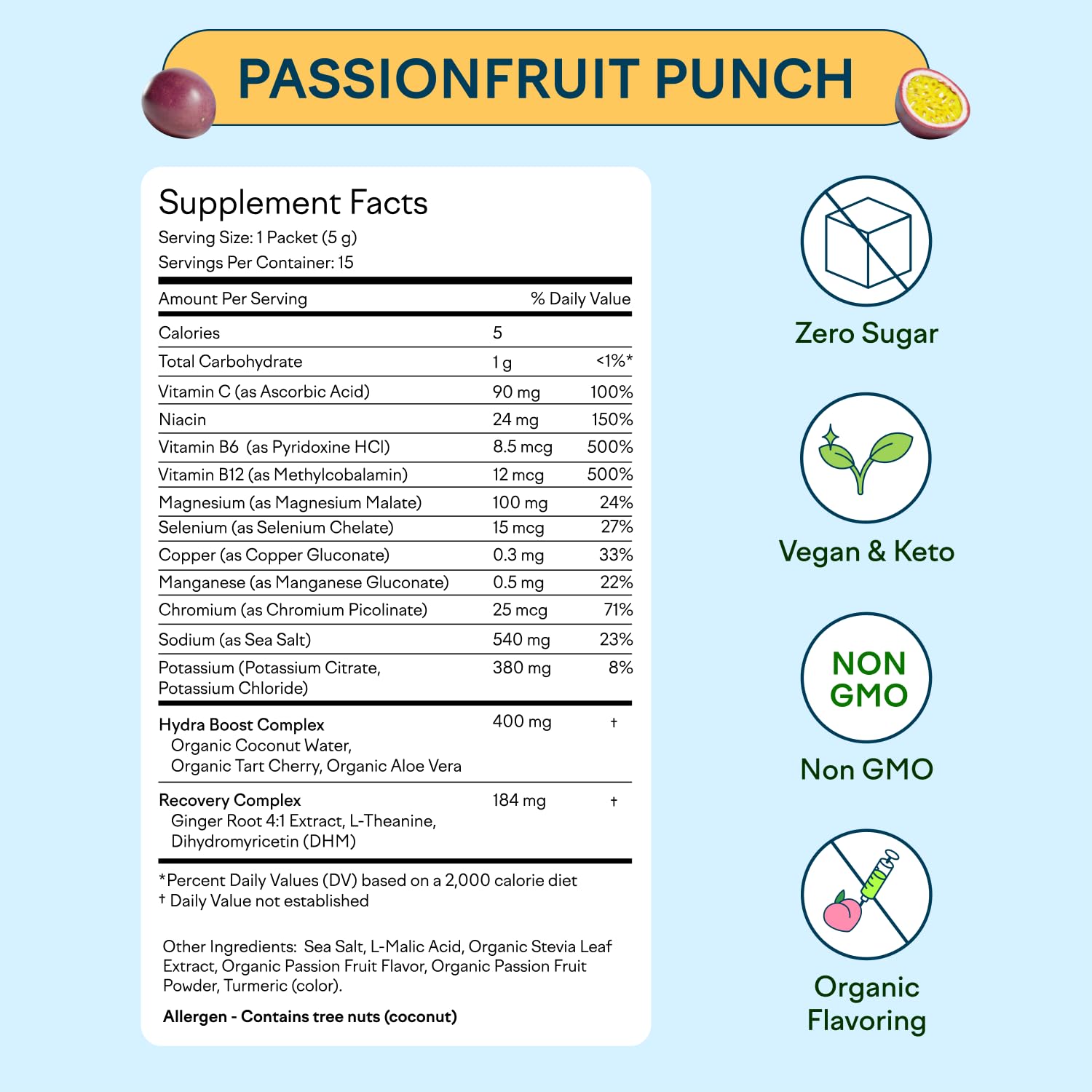 Vegan keto-friendly Hydration Hero packaging highlighted on label