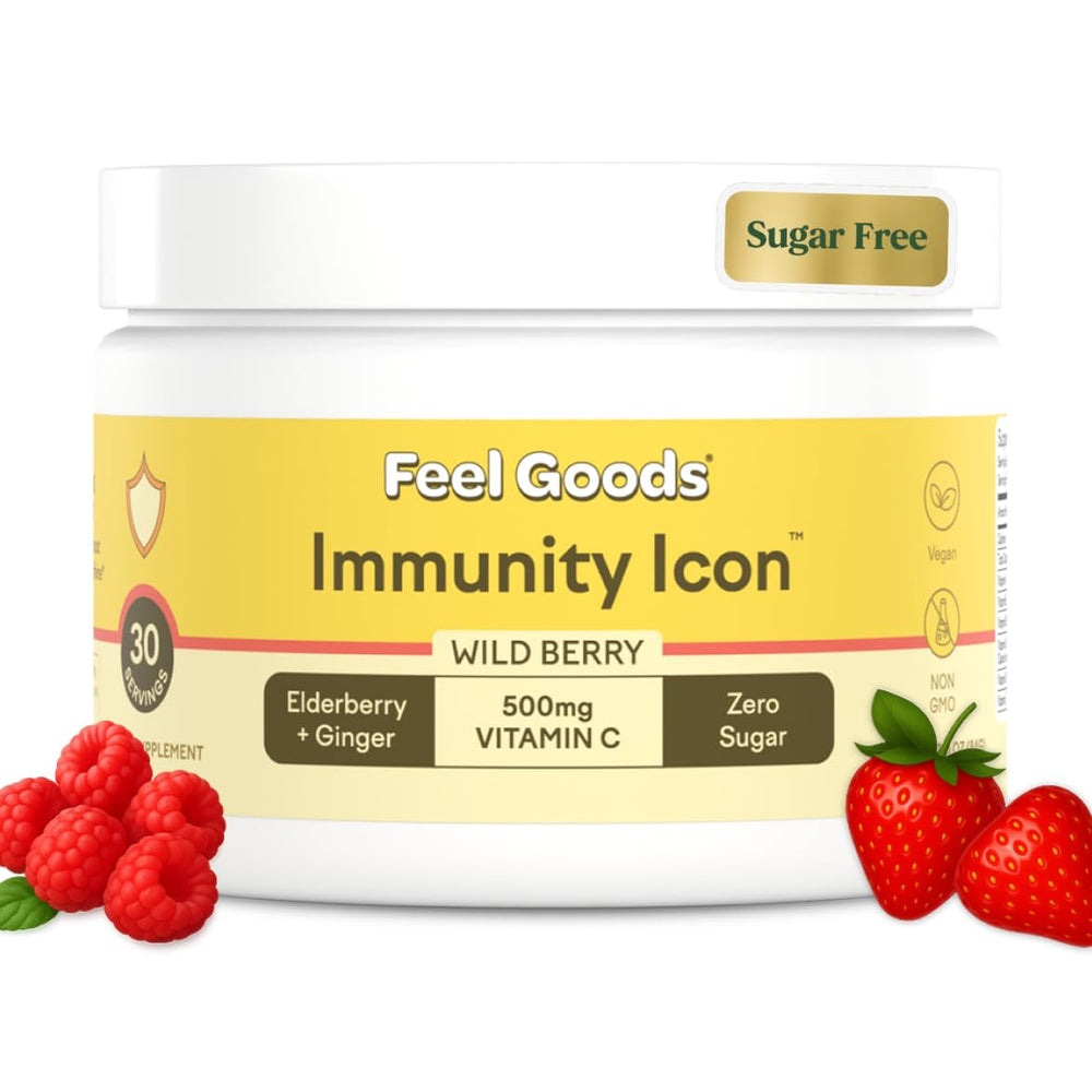 Feel Goods Immunity Icon bottle-front showing the vitamin-rich, sugar-free blend for daily wellness
