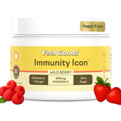 Feel Goods Immunity Icon bottle-front showing the vitamin-rich, sugar-free blend for daily wellness
