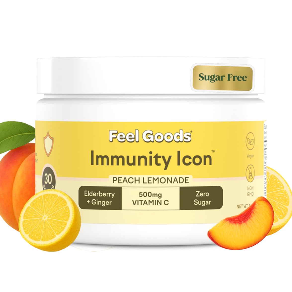 Feel Goods Immunity Icon peach lemonade bottle highlights vitamin-packed wellness