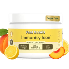 Feel Goods Immunity Icon peach lemonade bottle highlights vitamin-packed wellness