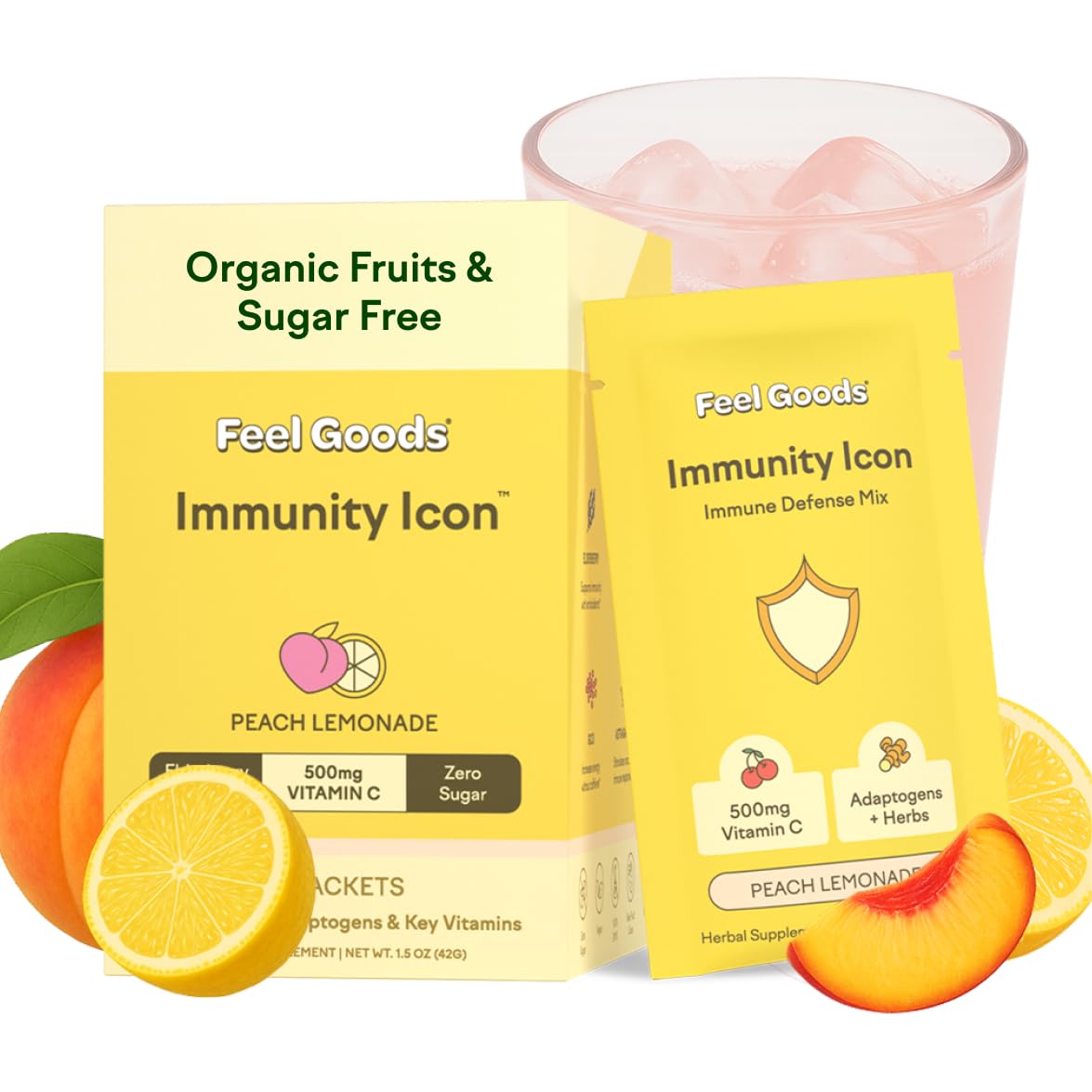 Feel Goods Immunity Icon Peach Lemonade packets for on-the-go wellness.