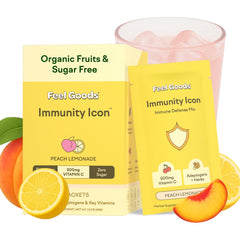 Feel Goods Immunity Icon Peach Lemonade packets for on-the-go wellness.