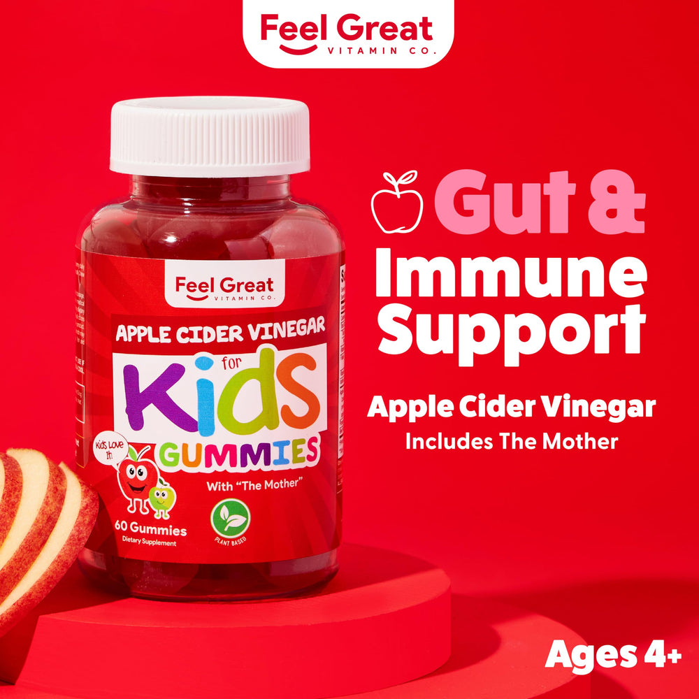 The Feel Great Apple Cider Vinegar Gummies for Kids bottle back label highlighting ingredients and directions.
