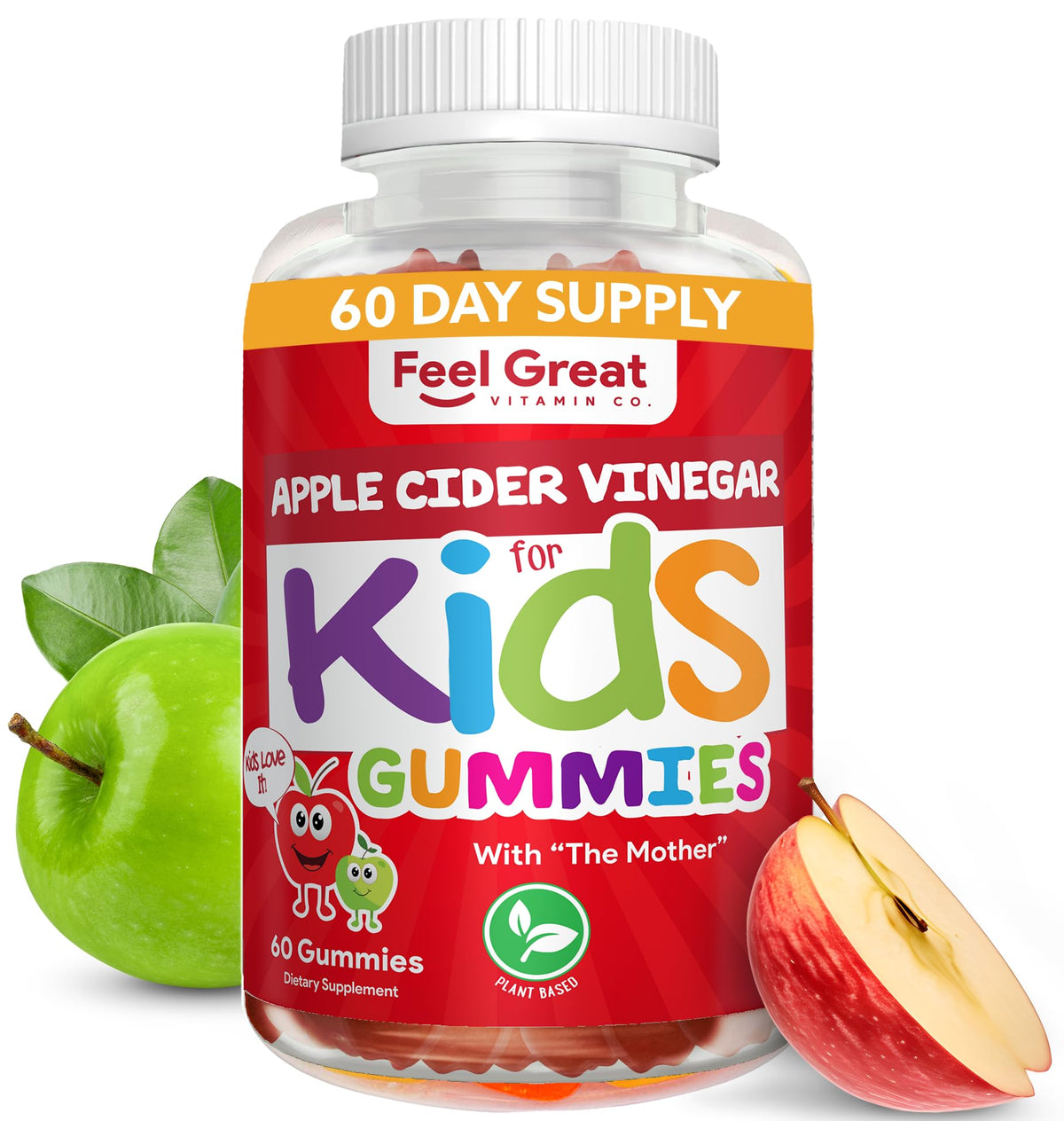 The Feel Great Apple Cider Vinegar Gummies for Kids bottle front with kid-friendly packaging for easy daily use.