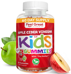 The Feel Great Apple Cider Vinegar Gummies for Kids bottle front with kid-friendly packaging for easy daily use.
