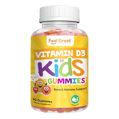 Feel Great Kids D3 1000 IU jar label highlights citrus flavor and dosage.