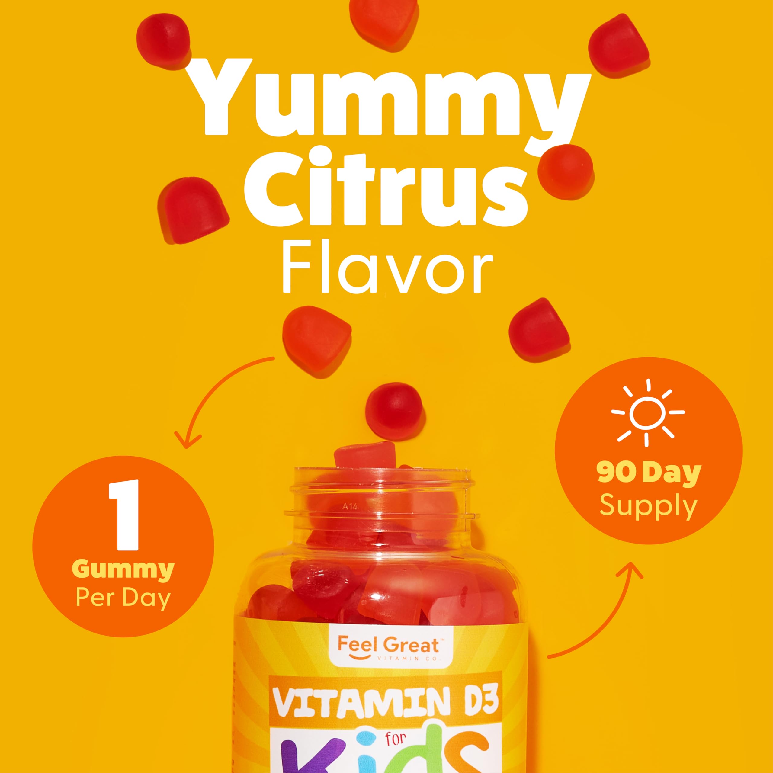 Feel Great Kids D3 citrus flavor graphic suggests refreshing taste.