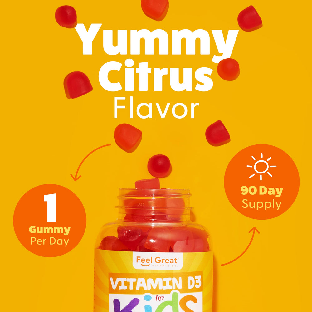 Feel Great Kids D3 citrus flavor graphic suggests refreshing taste.