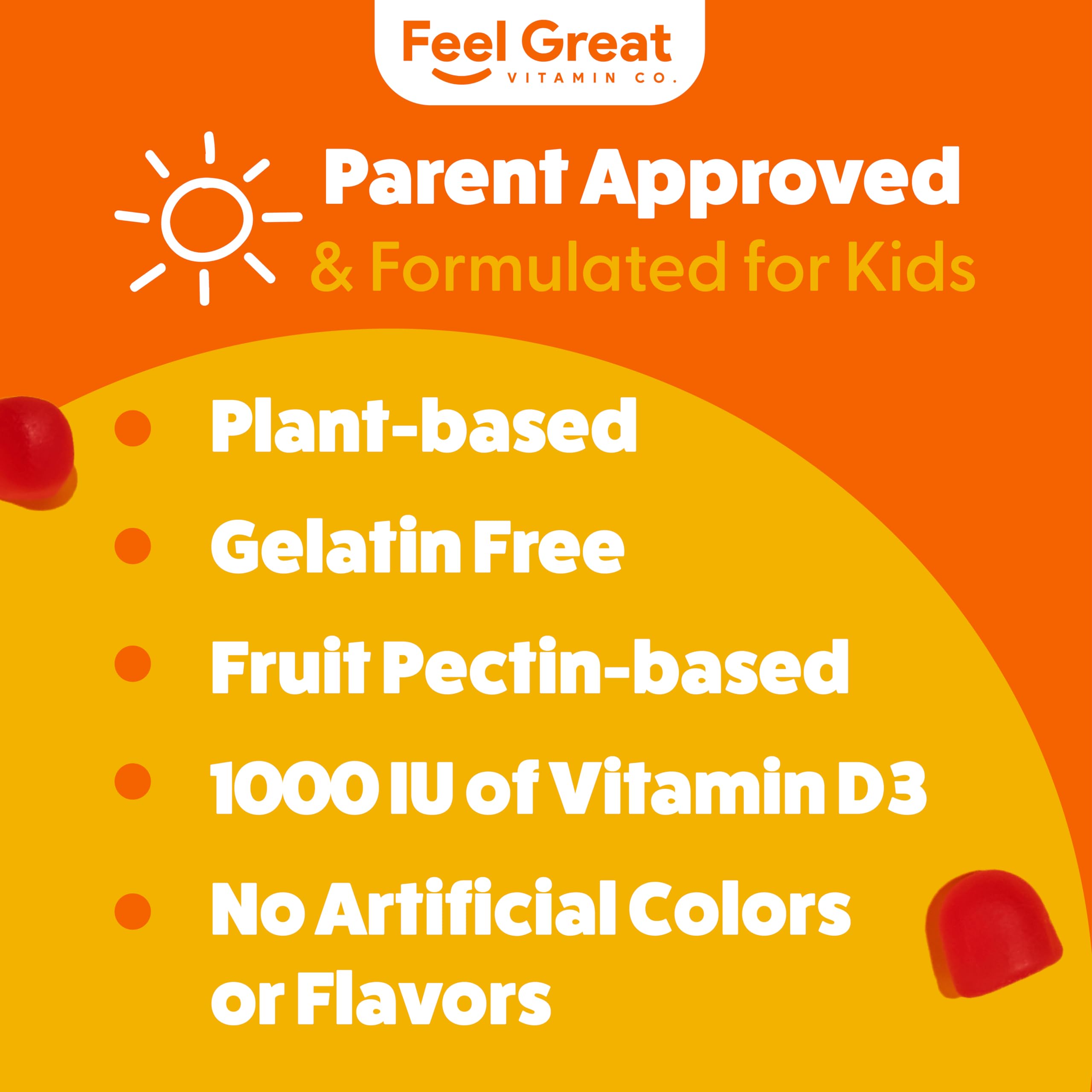 Feel Great Kids D3 nutrition facts panel highlights vegetarian, citrus-flavored option.