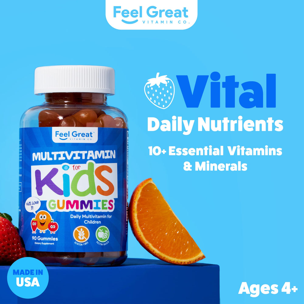 Feel Great Kids Multivitamin Gummies bottle with strawberry flavor supports daily energy