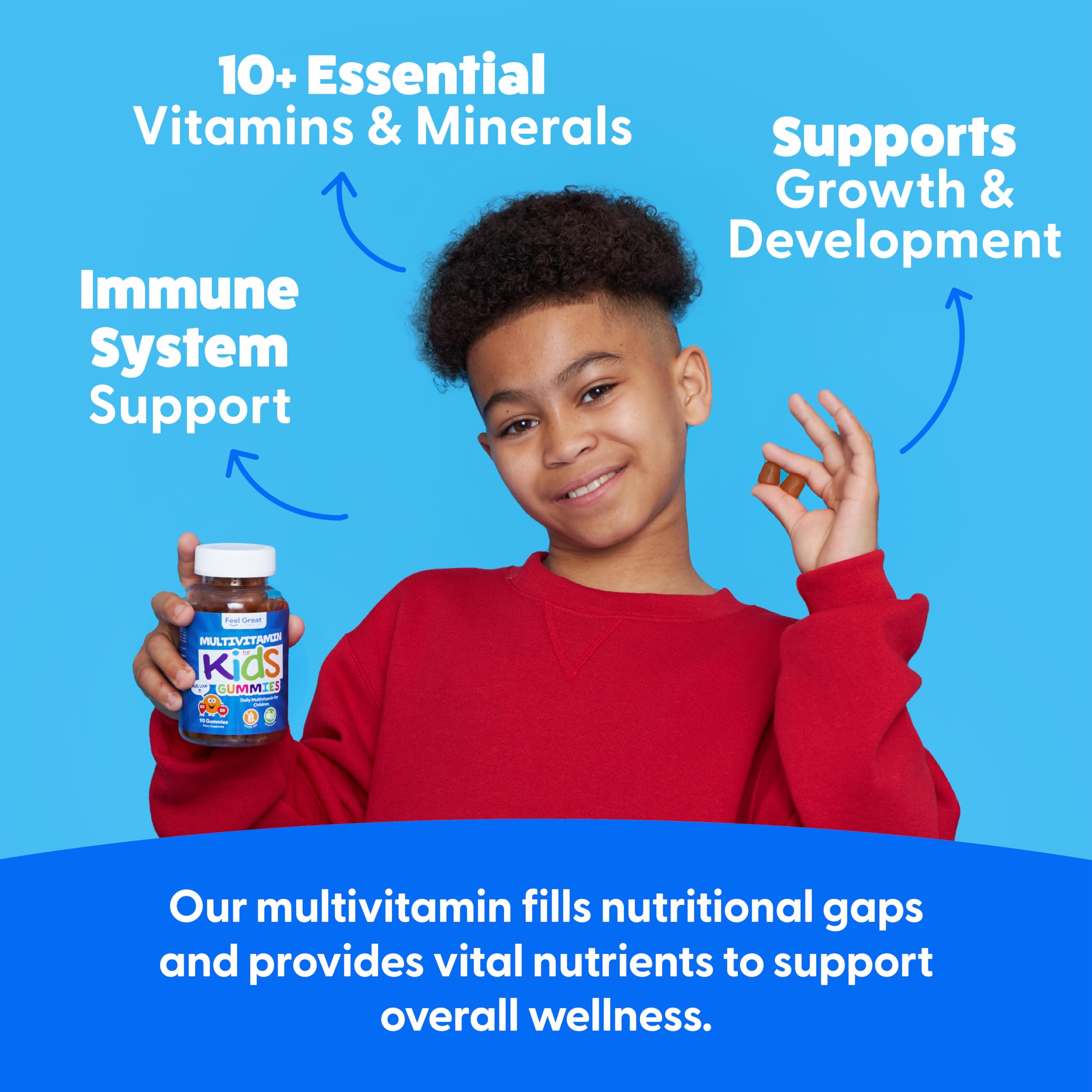 Feel Great Kids Multivitamin Gummies closeup shows chewy texture for easy daily use