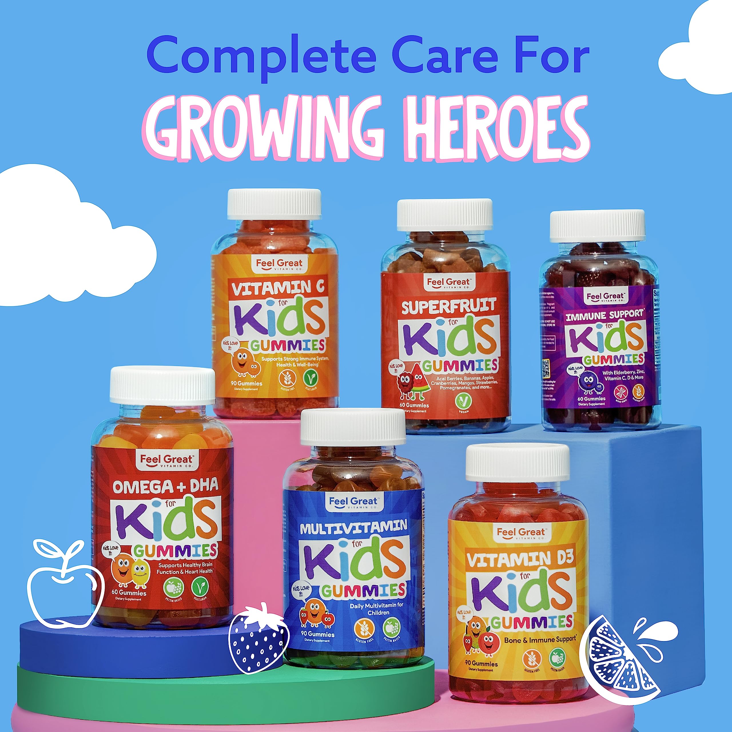 Feel Great Kids Multivitamin Gummies label highlights essential vitamins