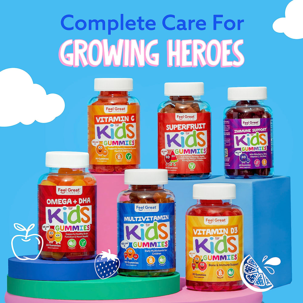 Feel Great Kids Multivitamin Gummies label highlights essential vitamins