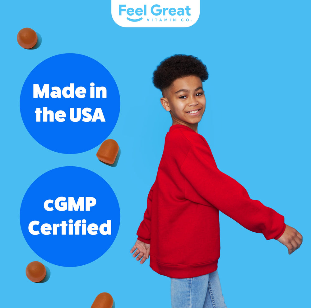 Feel Great Kids Multivitamin Gummies packaging on counter for family wellness