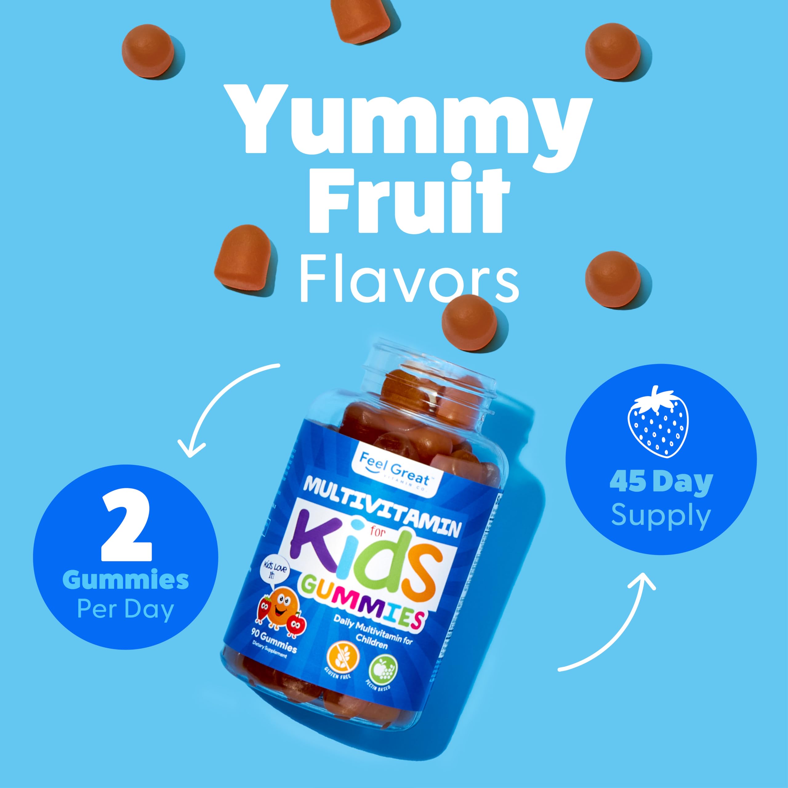 Feel Great Kids Multivitamin Gummies bottle highlights vitamin D for bone support