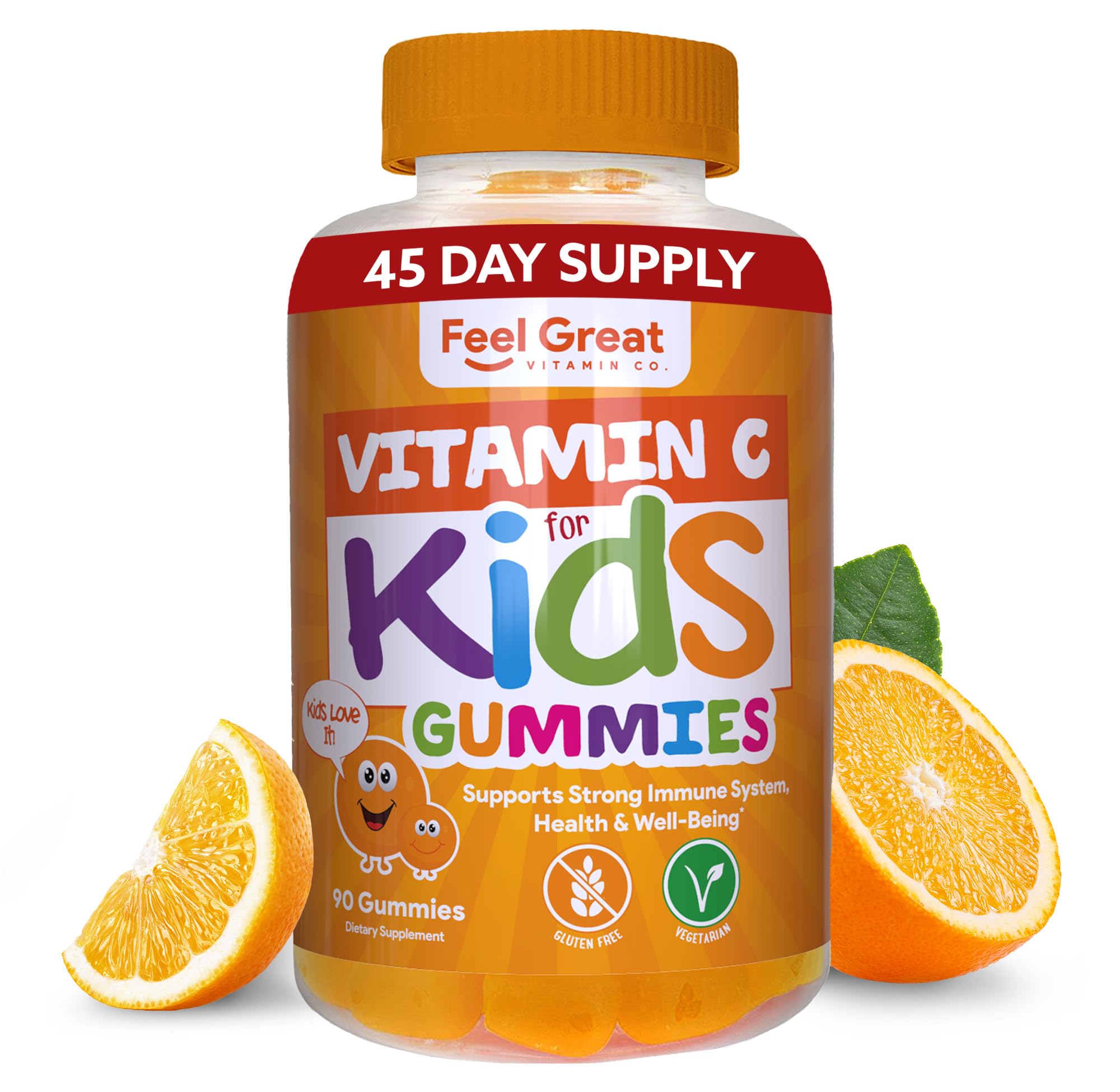 Feel Great Vitamin Co. Kids Vitamin C gummies bottle on table for daily immune support in orange flavor.
