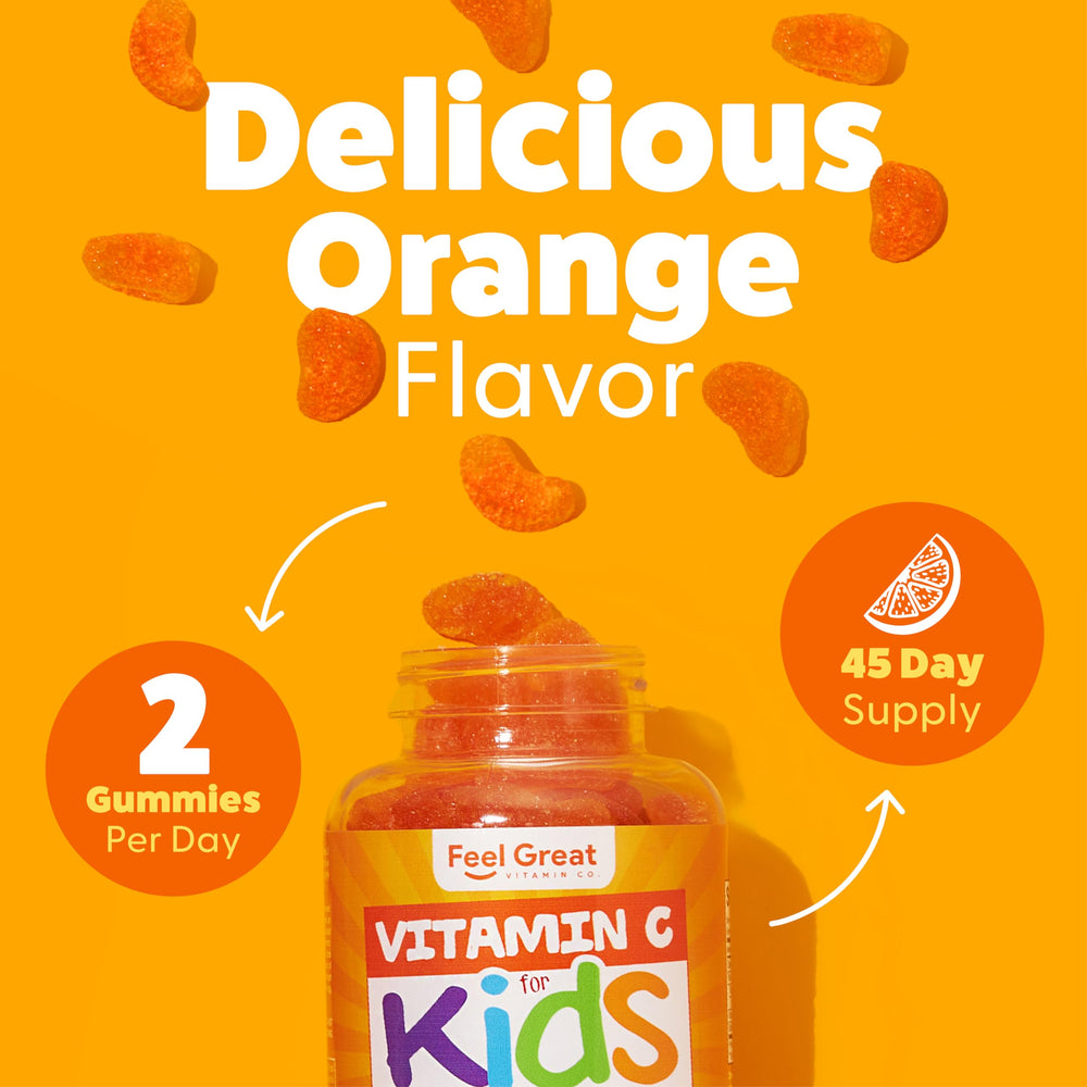 Daily dose of two gummies for kids 4+ shown with bottle and serving suggestion.