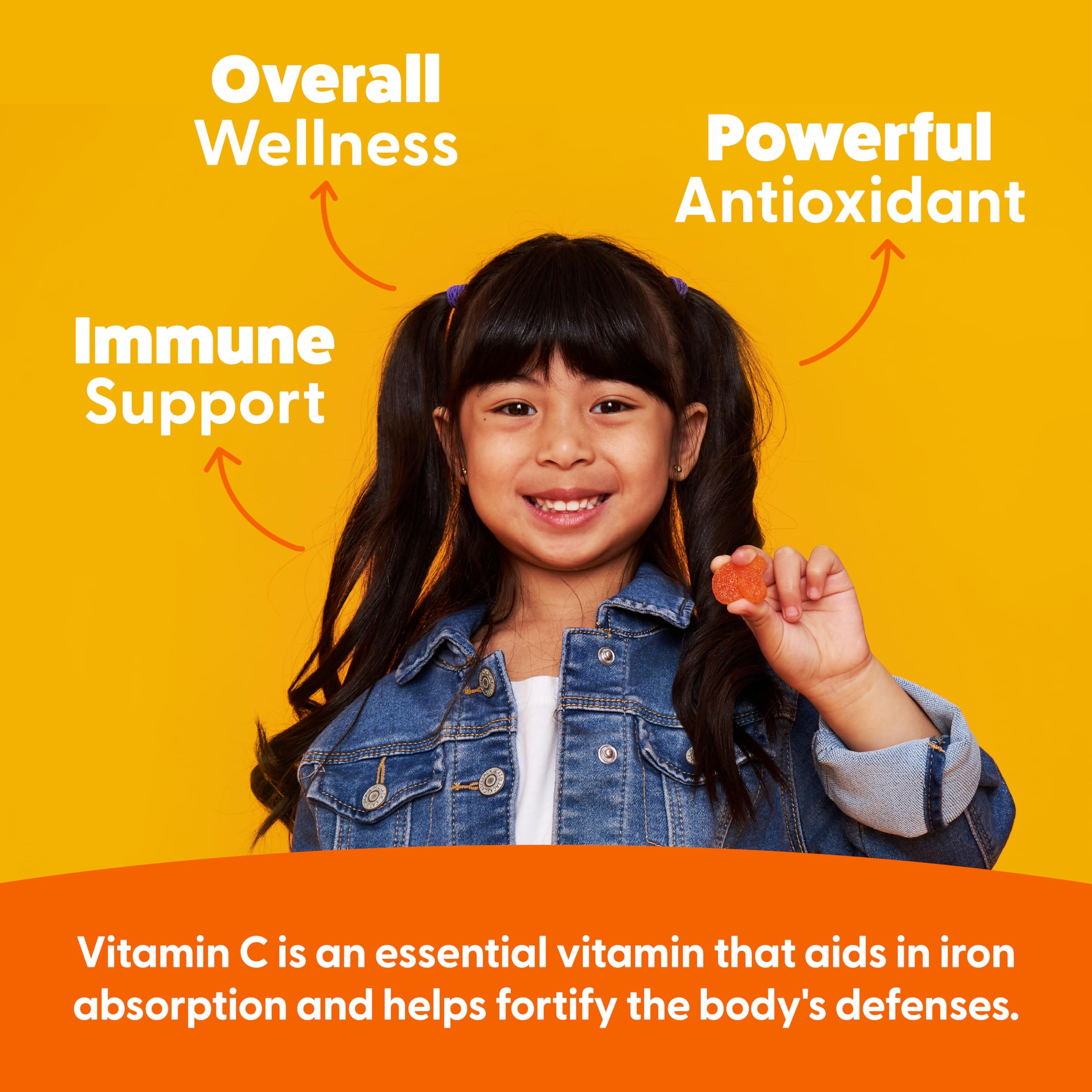 Two gummies per day serving for kids aged 4+ in a bright orange flavor.