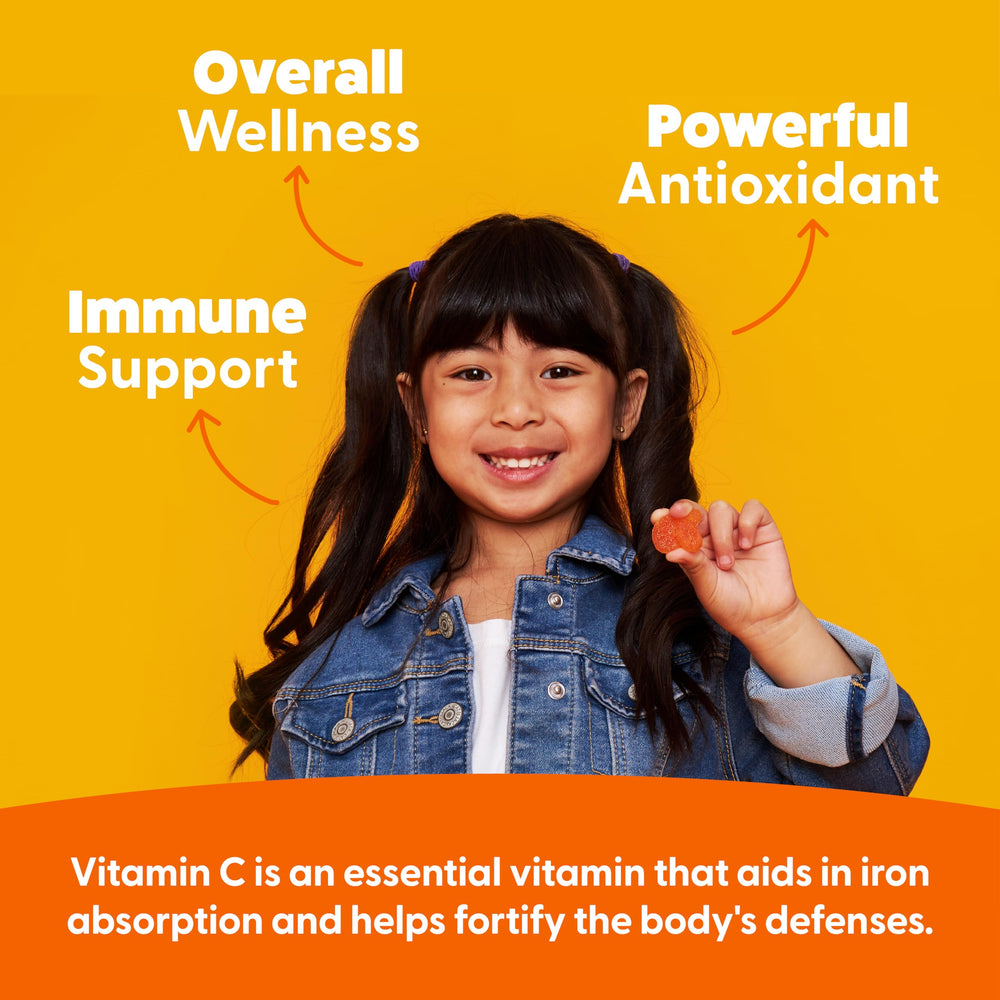 Two gummies per day serving for kids aged 4+ in a bright orange flavor.