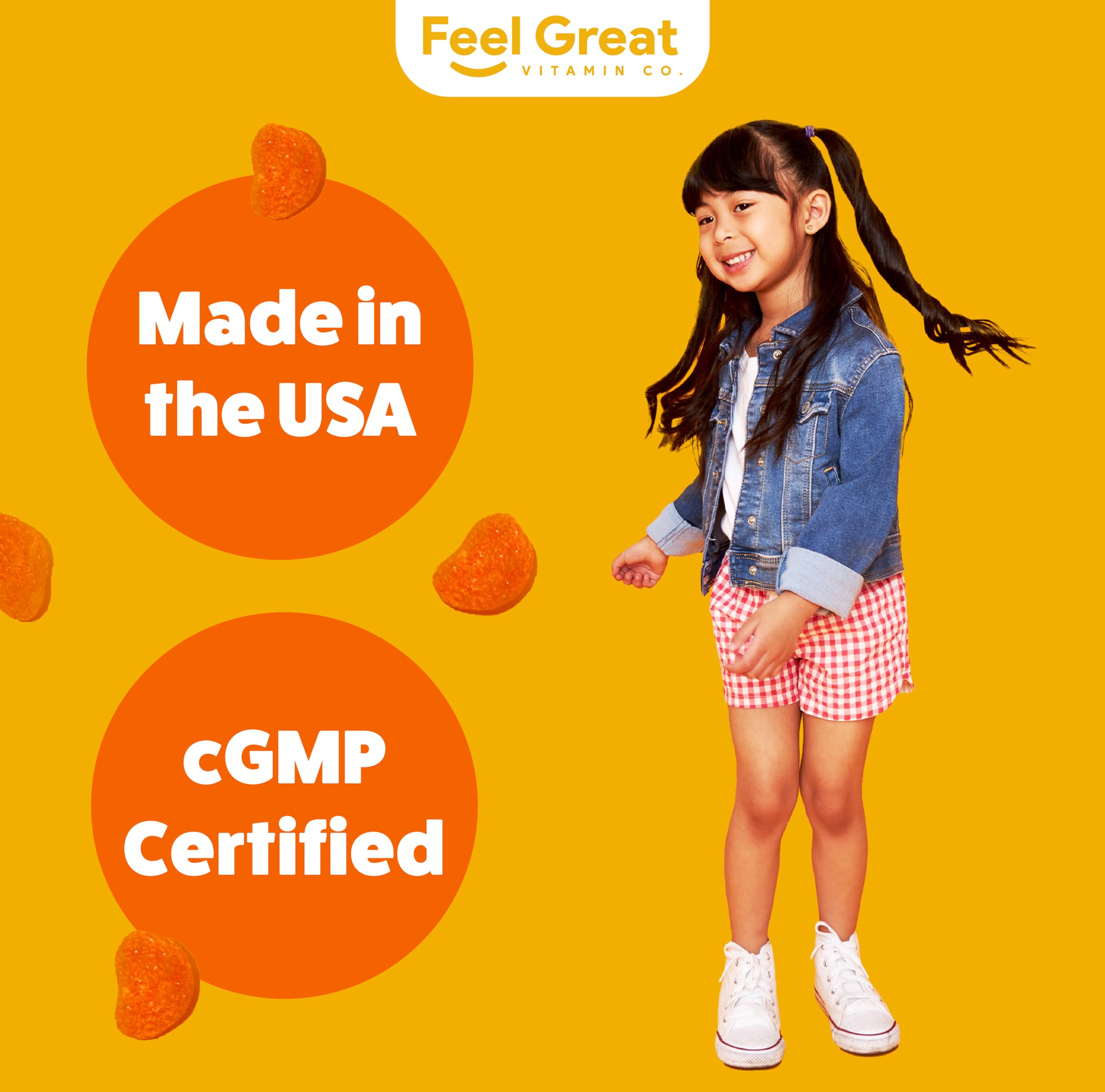 Vegan and gluten-free label visible on Feel Great Vitamin Co. bottle.