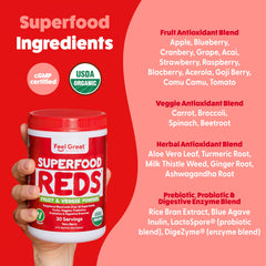 Feel Great Organic Reds polyphenol rich fruits and vegetables blend enhances daily nutrition.