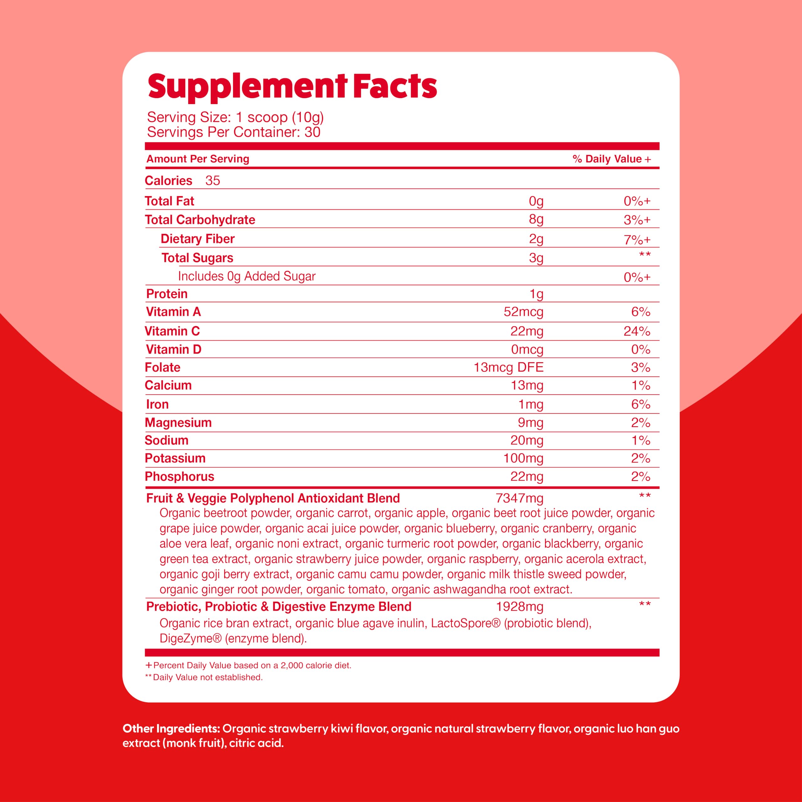 One scoop prep with water, juice, or smoothie in Feel Great Reds.