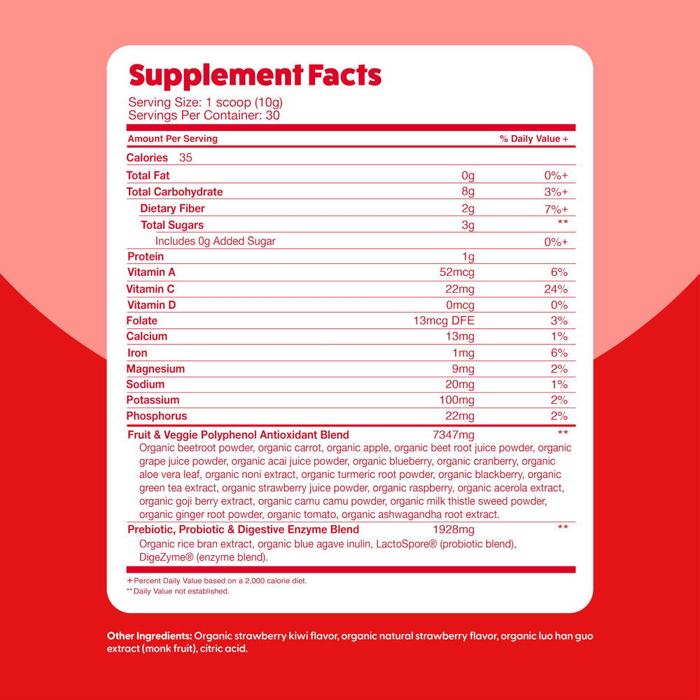 One scoop prep with water, juice, or smoothie in Feel Great Reds.