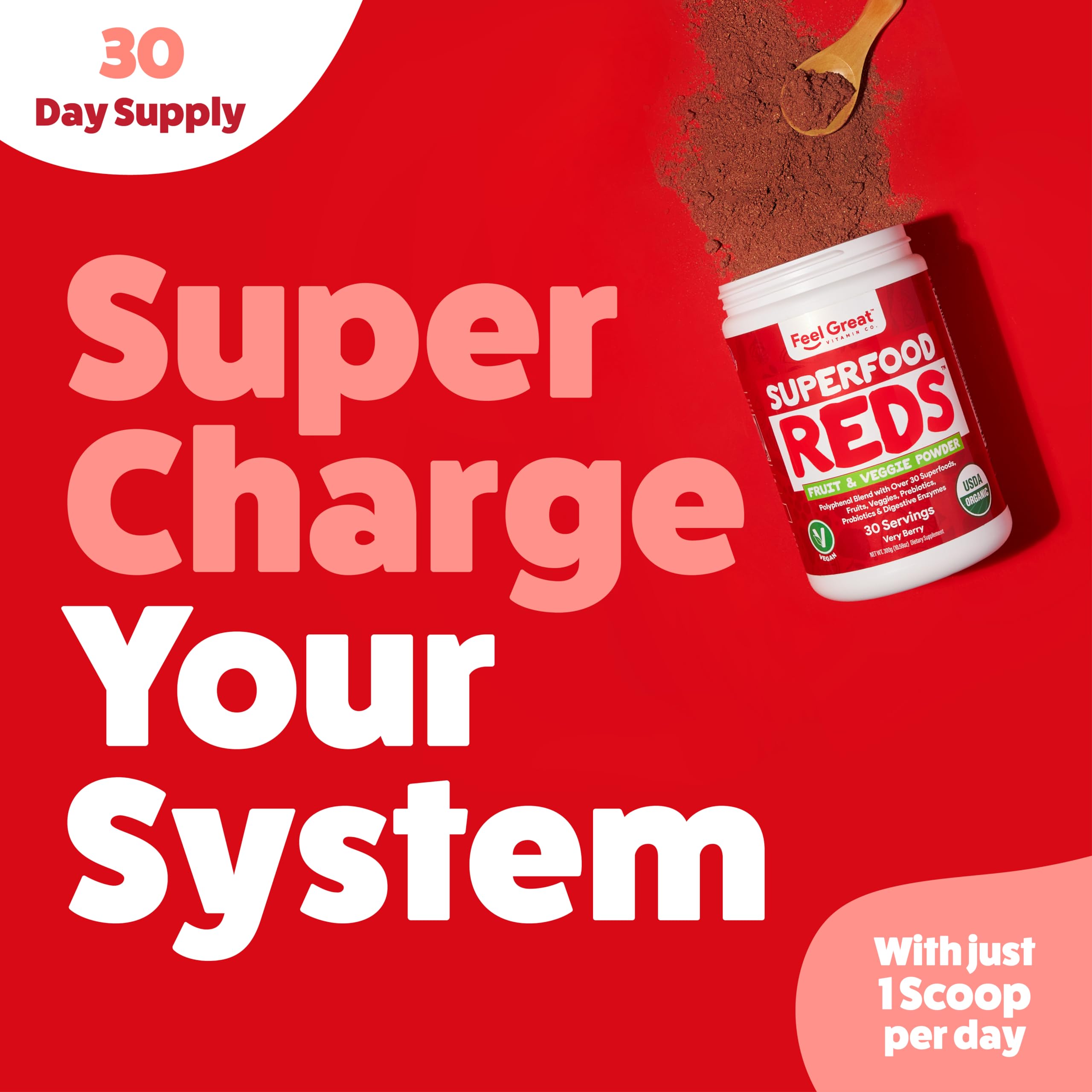 USDA Organic facility quality assurance highlighted in Feel Great Reds branding.