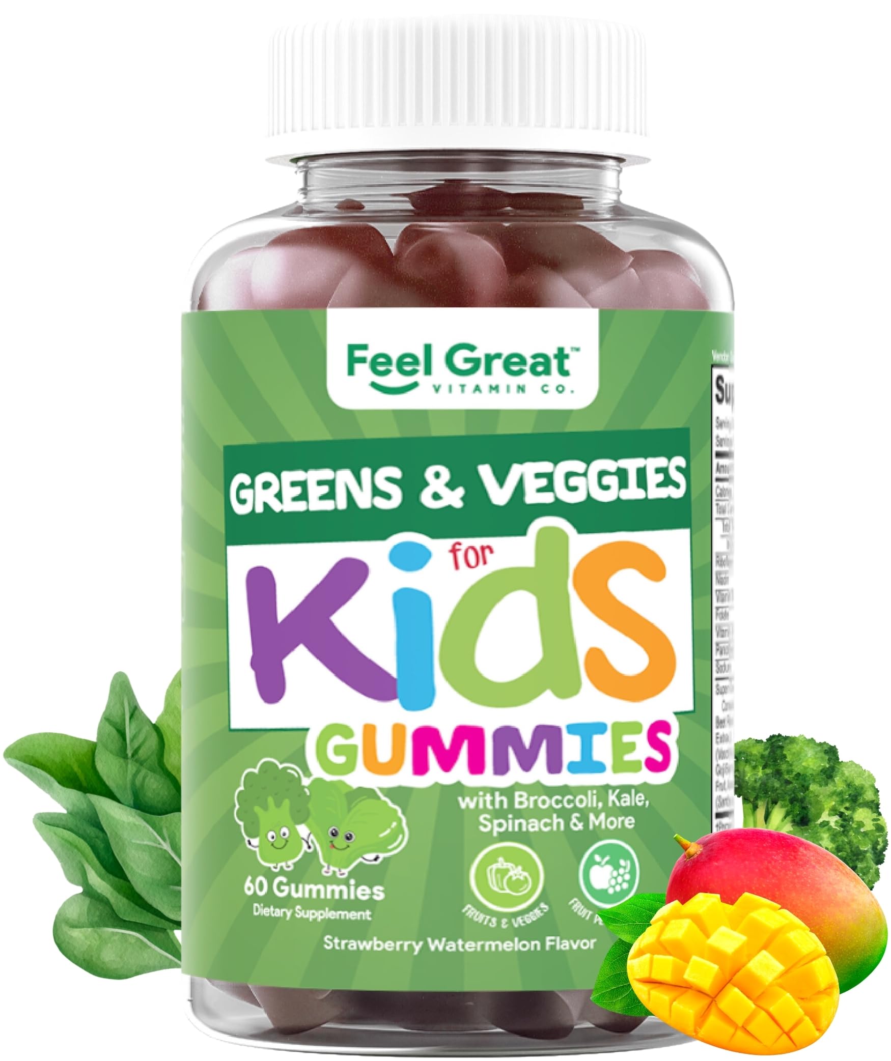 The Feel Great Super Green Gummies for Kids bottle showcases colorful veggie gummies for daily nutrition.