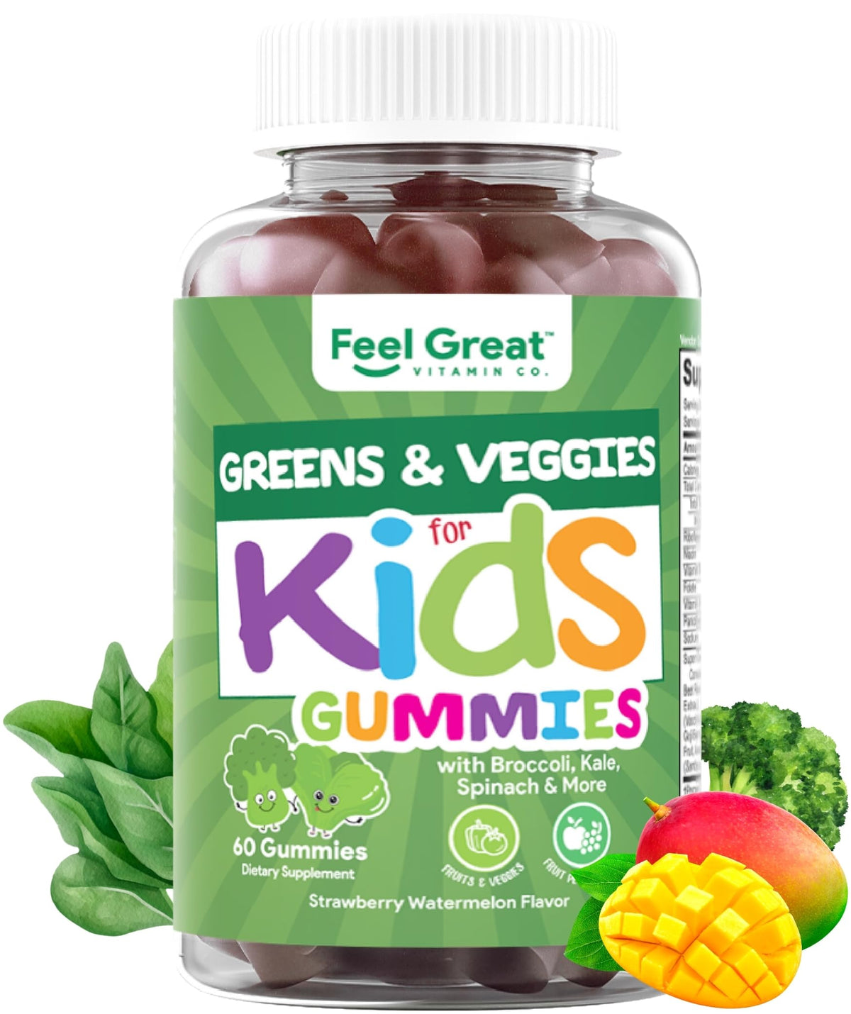 The Feel Great Super Green Gummies for Kids bottle showcases colorful veggie gummies for daily nutrition.