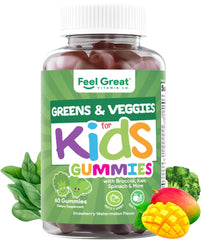 The Feel Great Super Green Gummies for Kids bottle showcases colorful veggie gummies for daily nutrition.