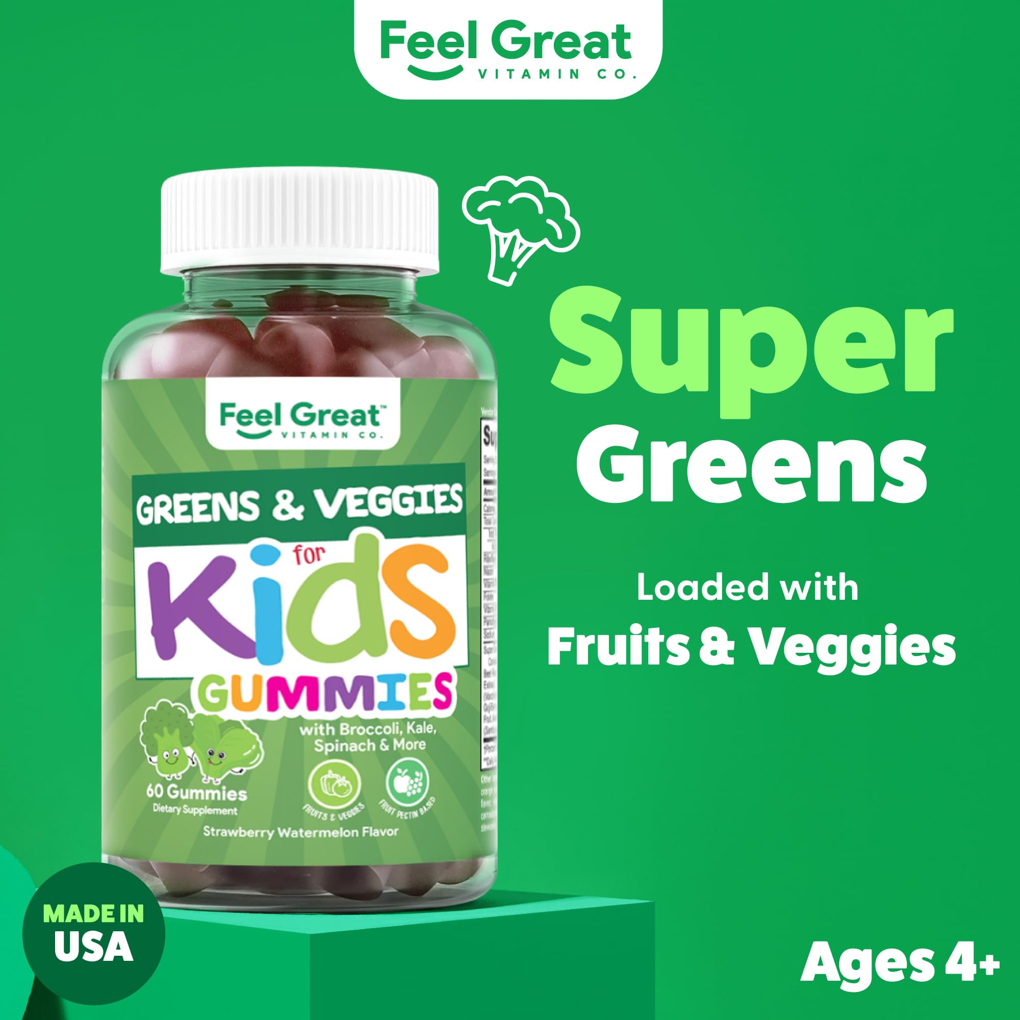 Closeup of colorful gummies from Feel Great Super Green for Kids inviting daily veggie intake.