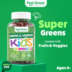 Closeup of colorful gummies from Feel Great Super Green for Kids inviting daily veggie intake.