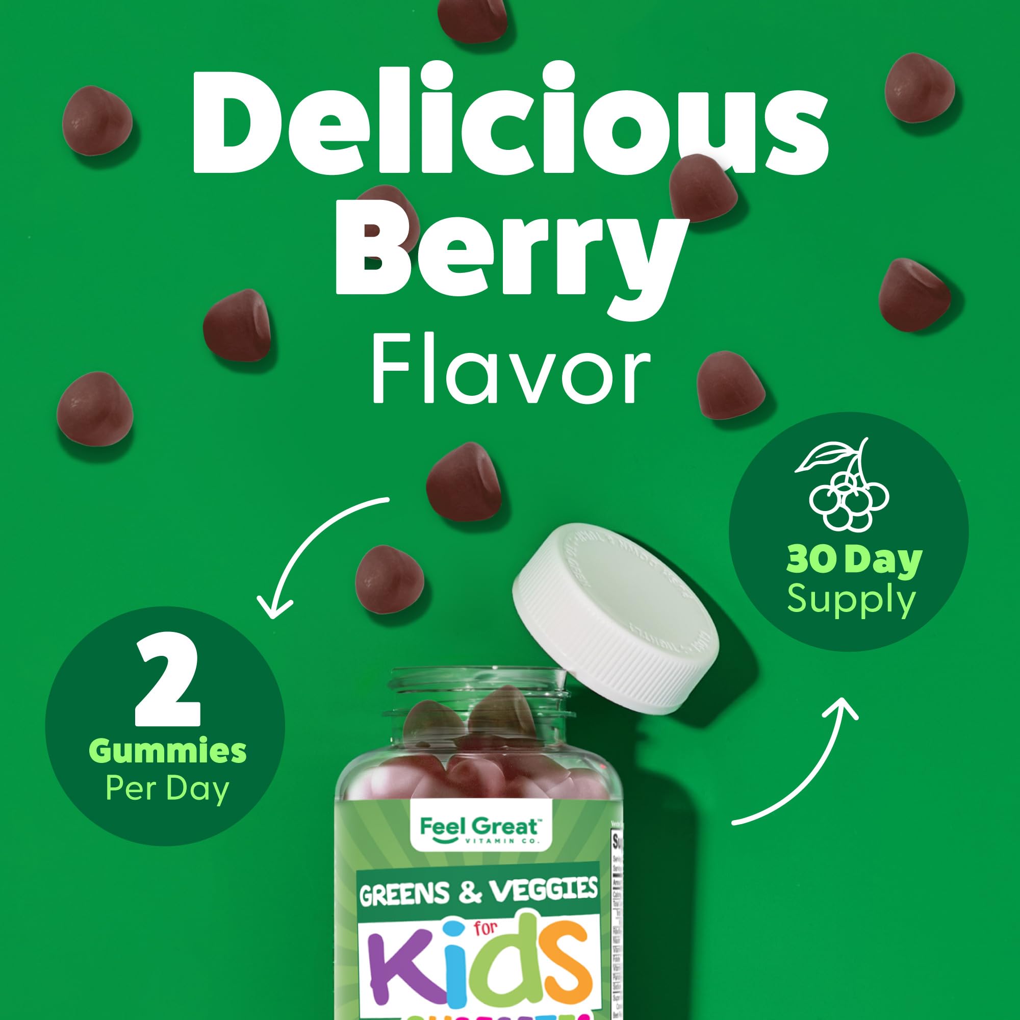 Feel Great Super Green Kids gummies burst with fruit and veggie flavors for daily snacks.