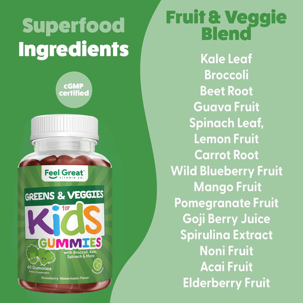 Feel Great Super Green for Kids ingredient list highlights a vibrant fruits and vegetables blend.