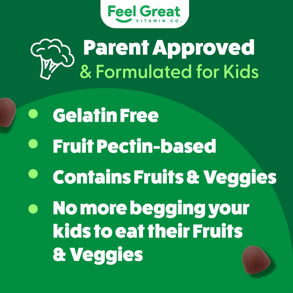 Feel Great Super Green for Kids offers a vegan gelatin-free formula for daily snacks.