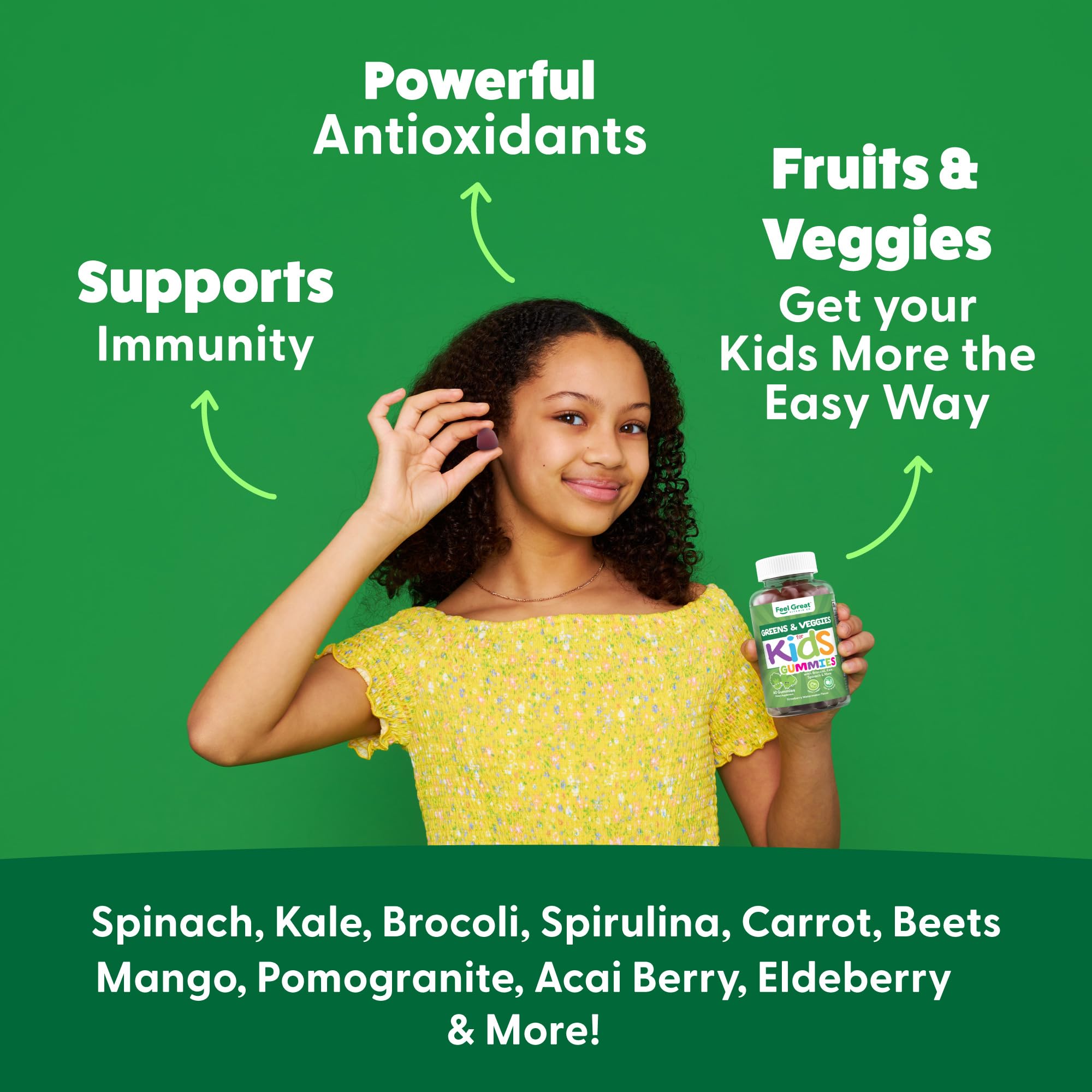 Feel Great Super Green Kids gummies with watermelon flavor make daily nutrition tasty.