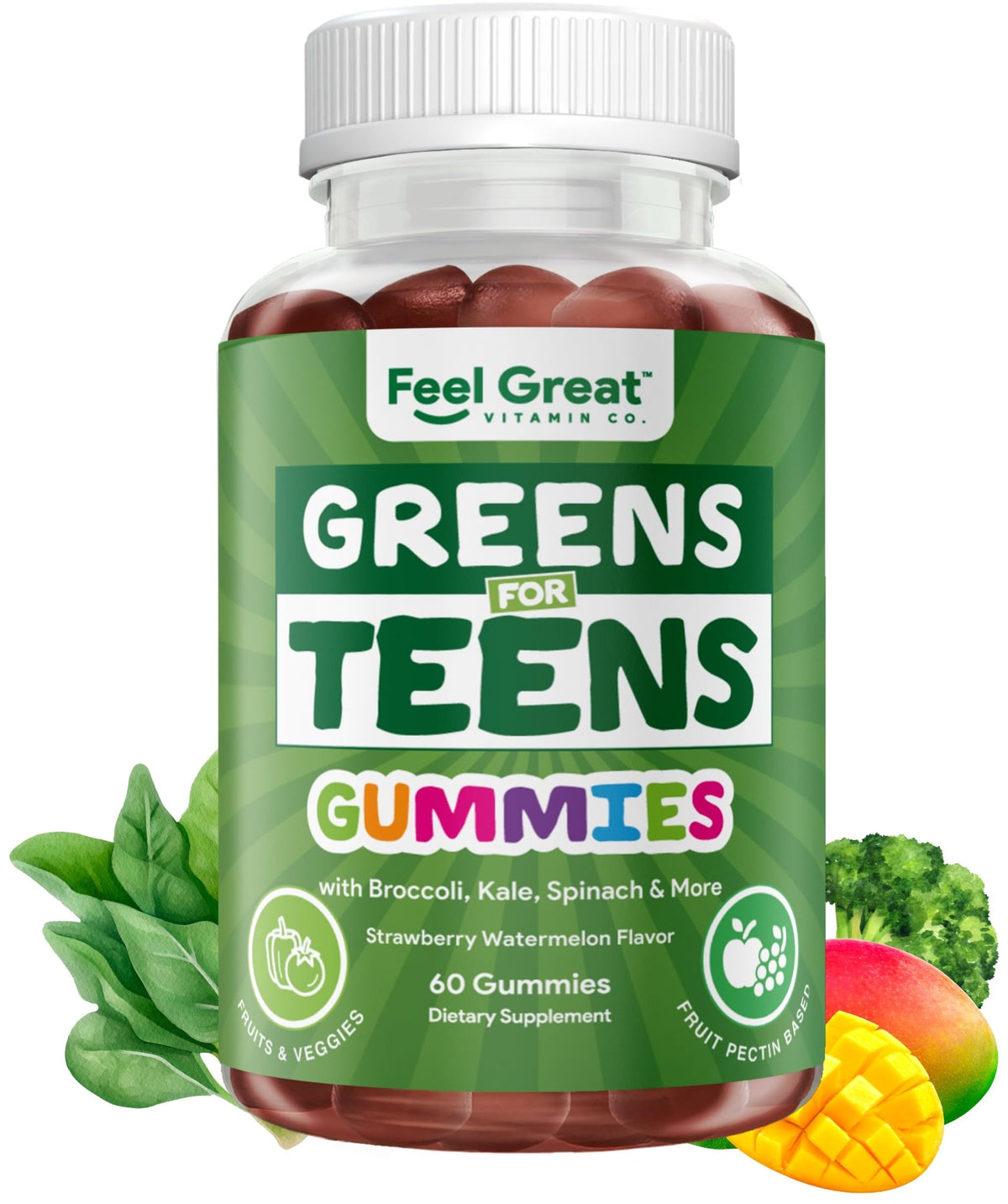 Feel Great Super Greens Gummies teen packaging showcasing vegan multivitamin feature.