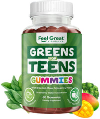 Feel Great Super Greens Gummies teen packaging showcasing vegan multivitamin feature.