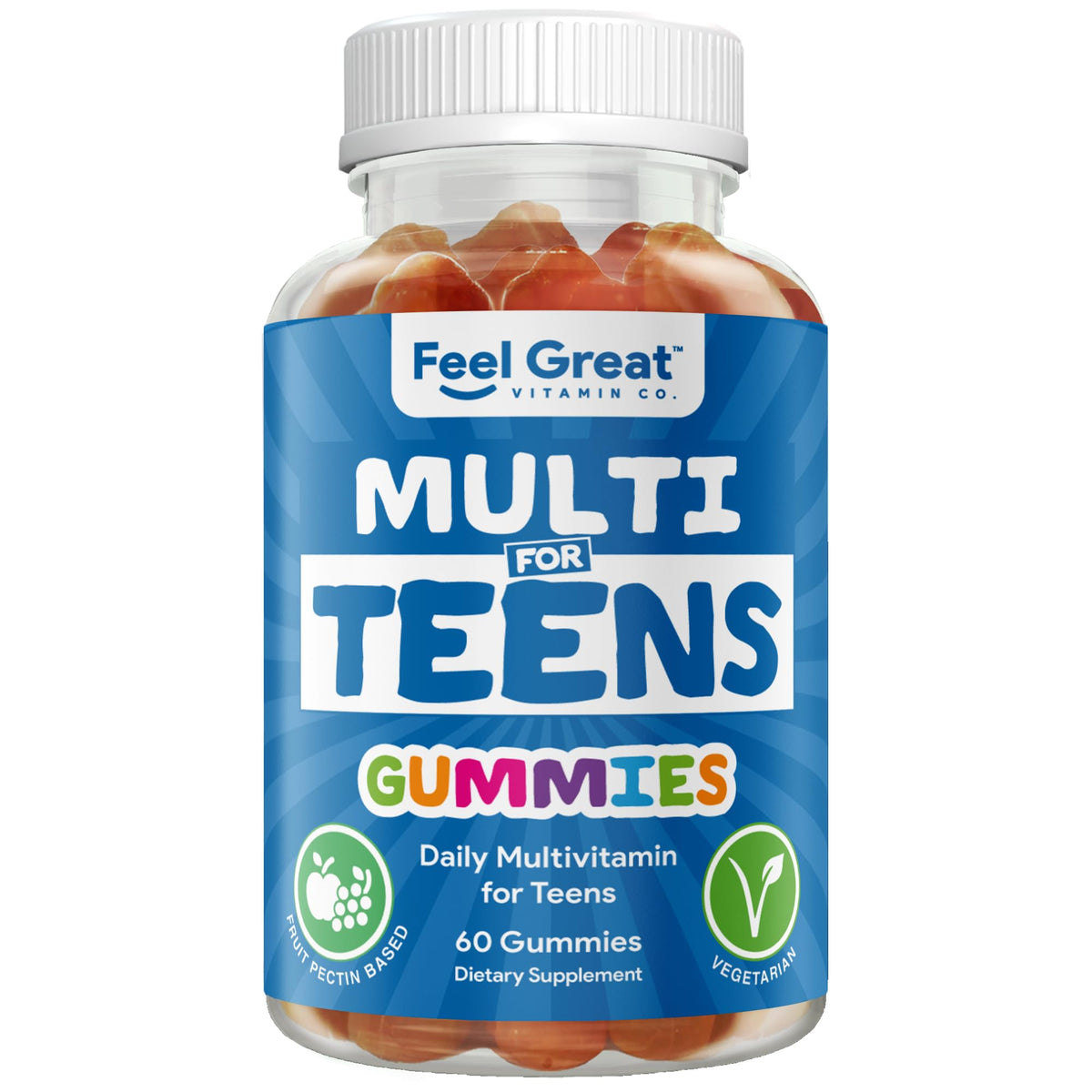 The Feel Great Teen Vitamins gummies in citrus-strawberry bottle showing tasty, vegetarian formula