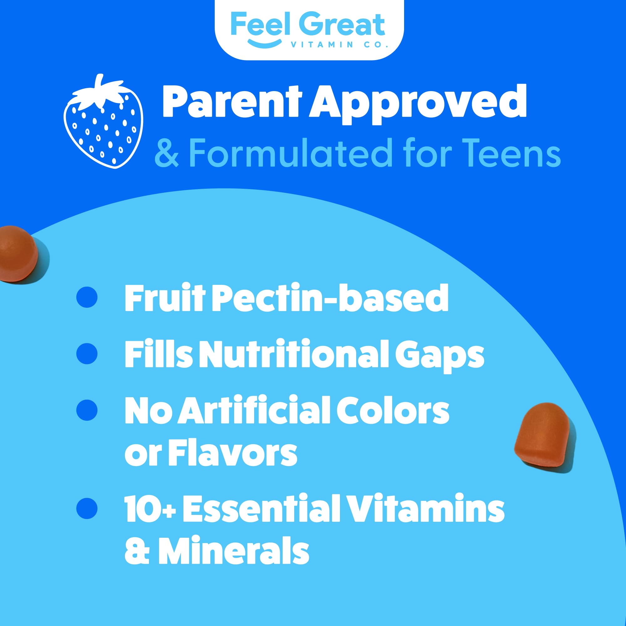 The Feel Great bottle shown with optional Teen DHA gummies for brain focus