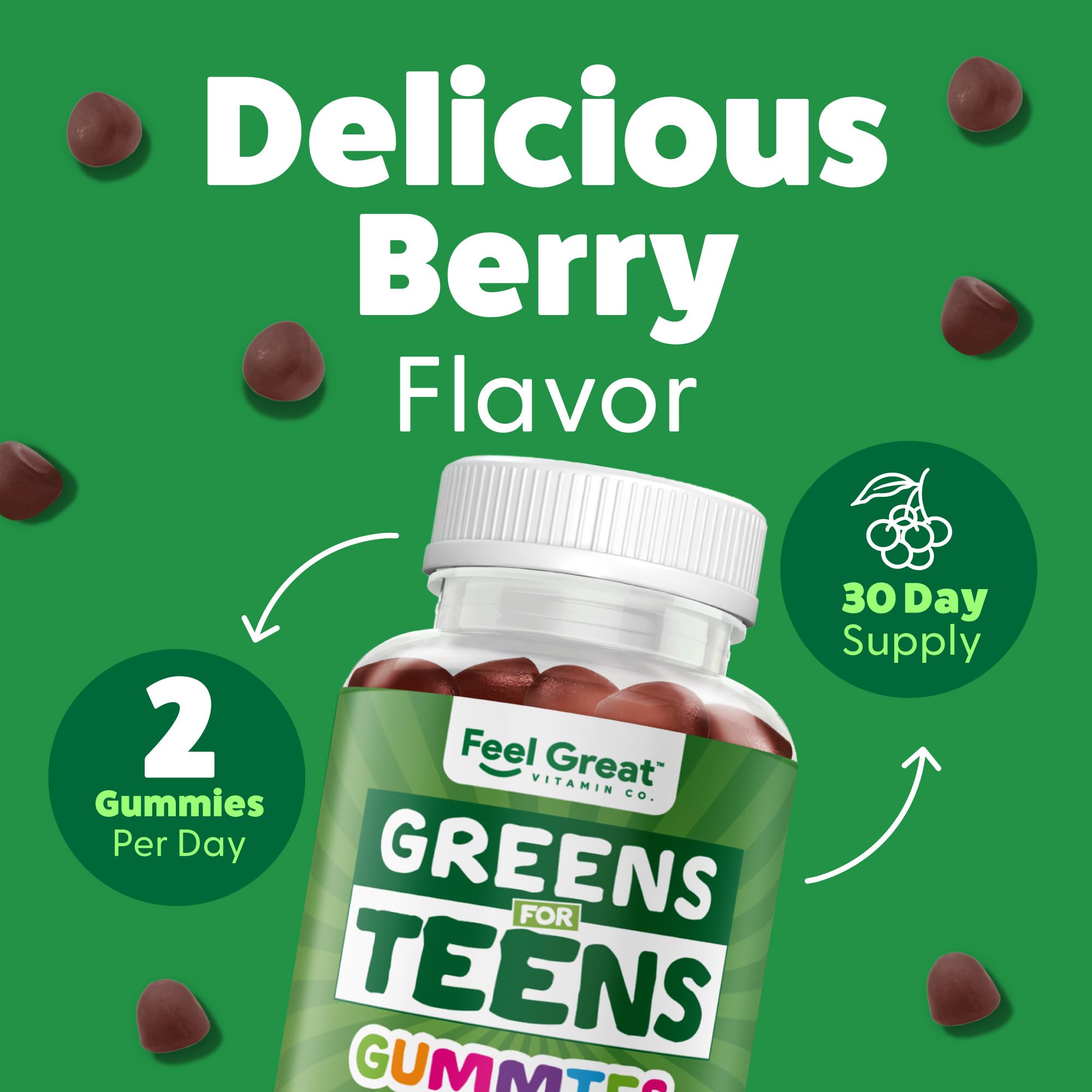 Veggie blend gummies with kale and beet visuals.