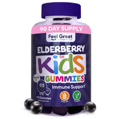 Feel Great Vitamin Co. Elderberry Gummies for Kids bottle-front promotes immune support.