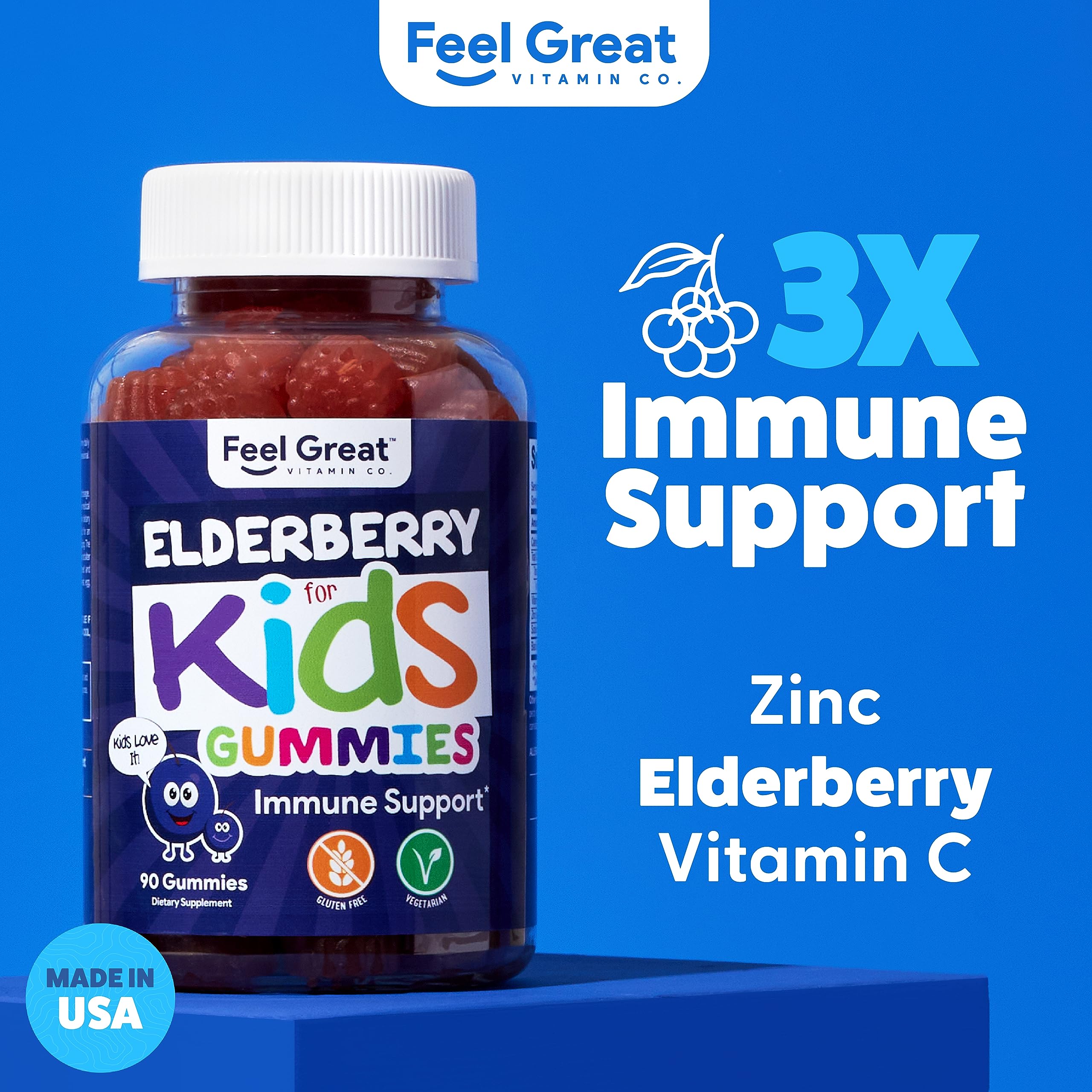 Feel Great Vitamin Co. Elderberry Gummies for Kids bottle-label shows vitamin C and zinc.